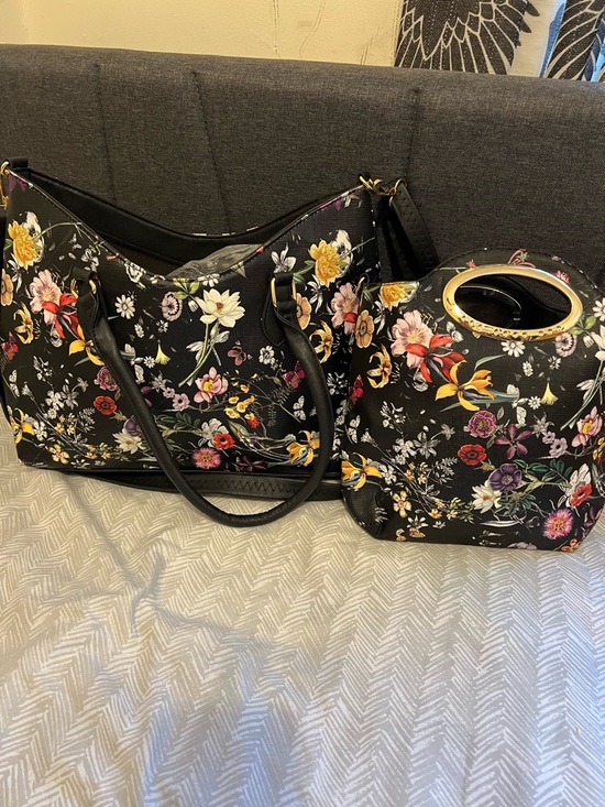 no brand Handbags - Black Floral Tote and Matching Handbag Set